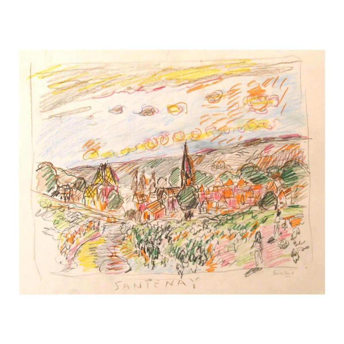Wayne Ensrud, "Santenay, Burgundy" Pencil Original Artwork; Hand Signed; COA