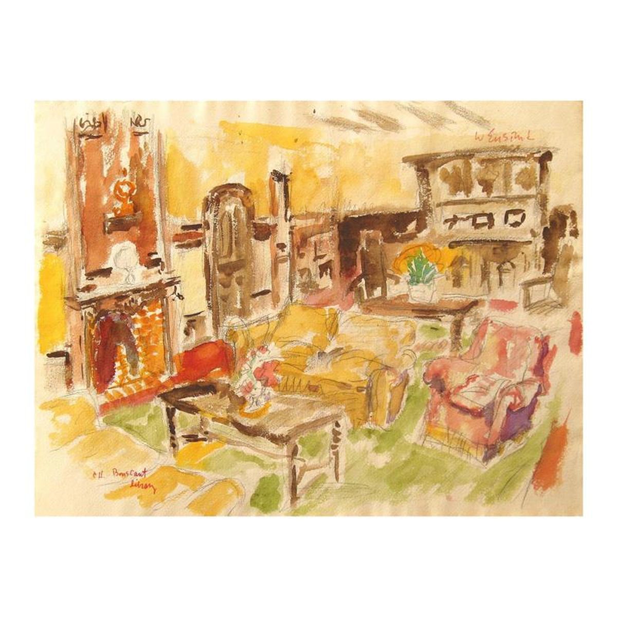 Wayne Ensrud, "The Library of Chateau Bouscaut" Watercolor Original Artwork; Hand Signed; COA
