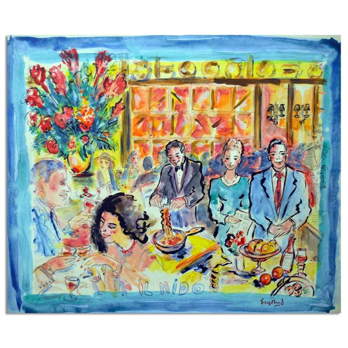 Wayne Ensrud, "Il Nido Restaurant In New York City" Mixed Media Original Artwork with COA.
