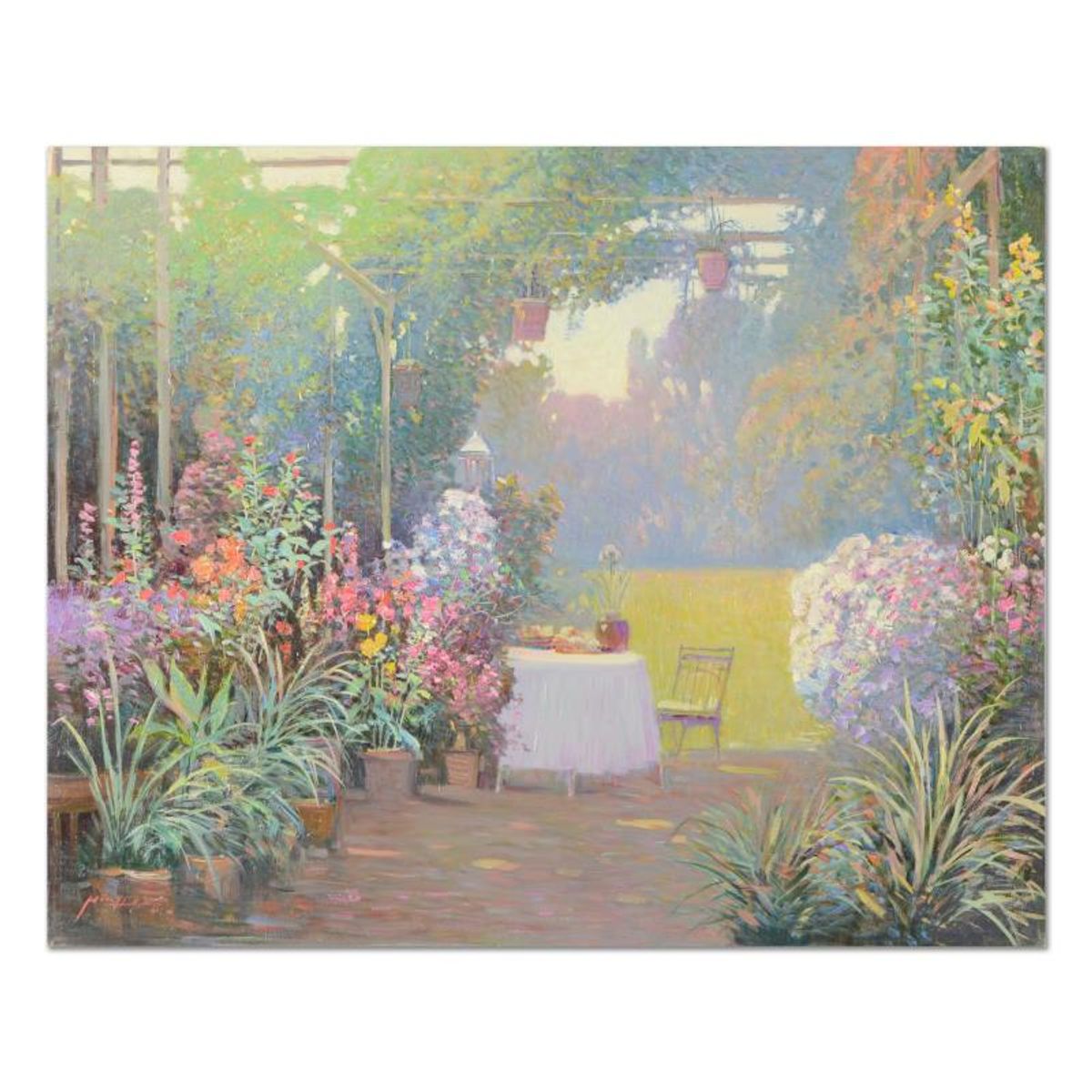 Ming Feng, "Tea Garden" Original Oil Painting on Canvas, Hand Signed with Letter of Authenticity.