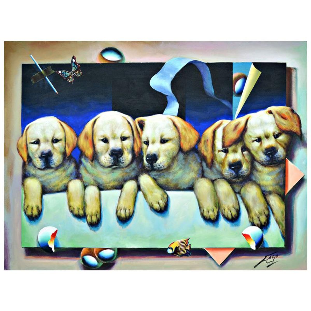 Ferjo, "Puppy Love" Original Painting on Canvas, Hand Signed with Letter of Authenticity.
