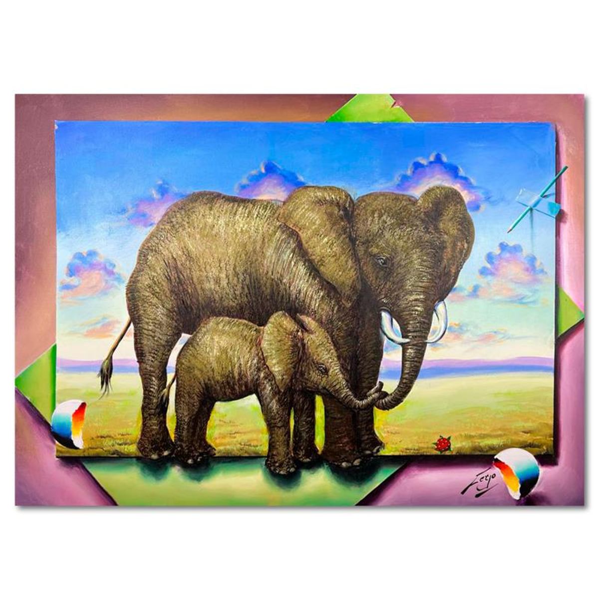 Ferjo, "Trunks of Love" Hand Signed Original Painting on Canvas with Letter of Authenticity.