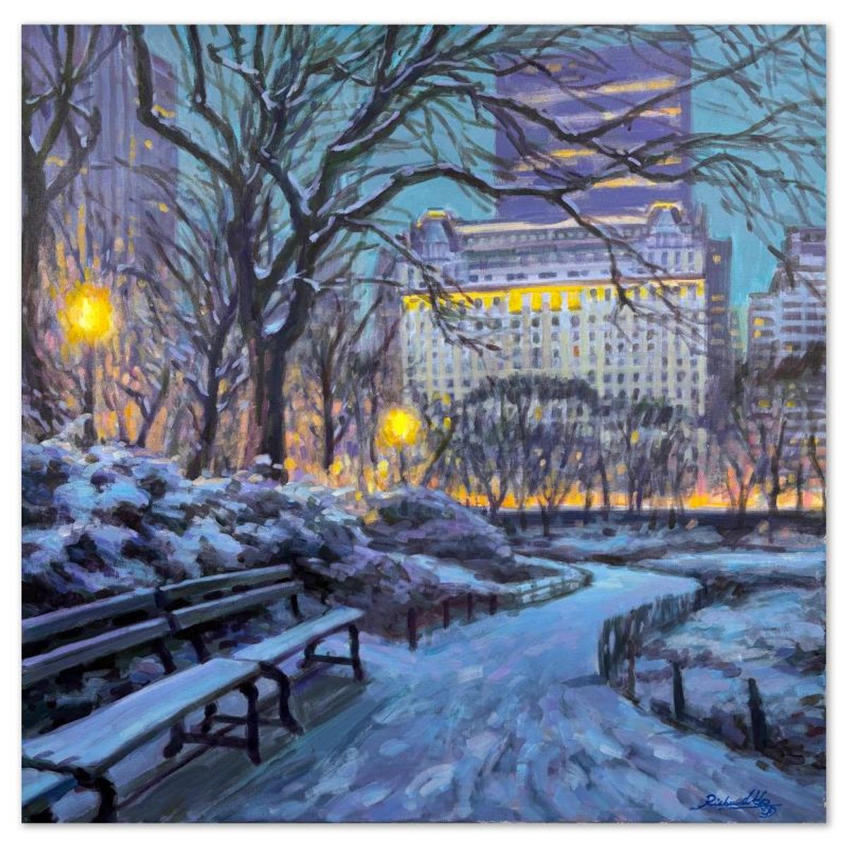 Richard Ho, "At the Plaza, Winter" Original Acrylic Painting on Canvas, Hand Signed with Letter of Authenticity.