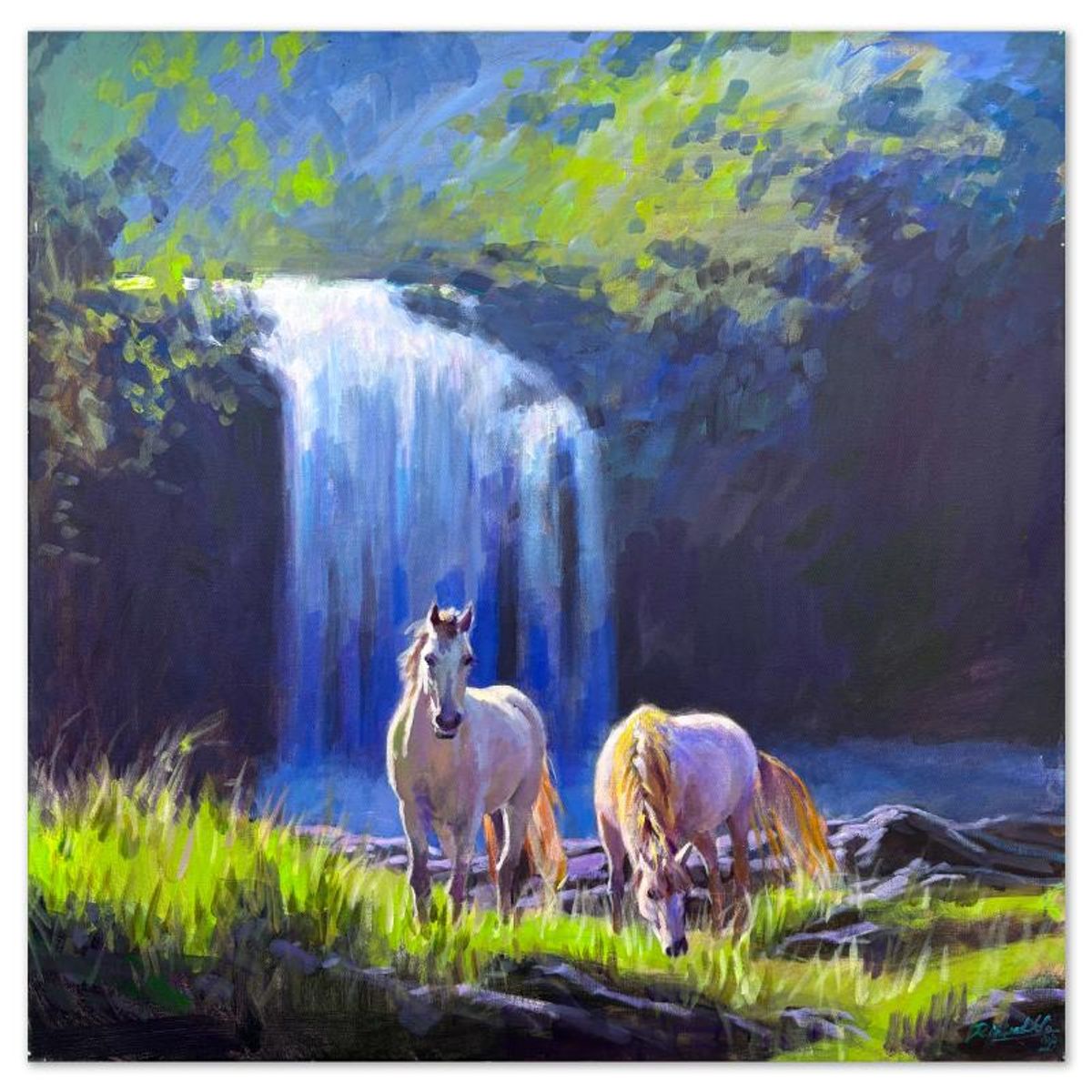 Richard Ho, "Under the Waterfall" Original Acrylic Painting on Canvas, Hand Signed with Letter of Authenticity.
