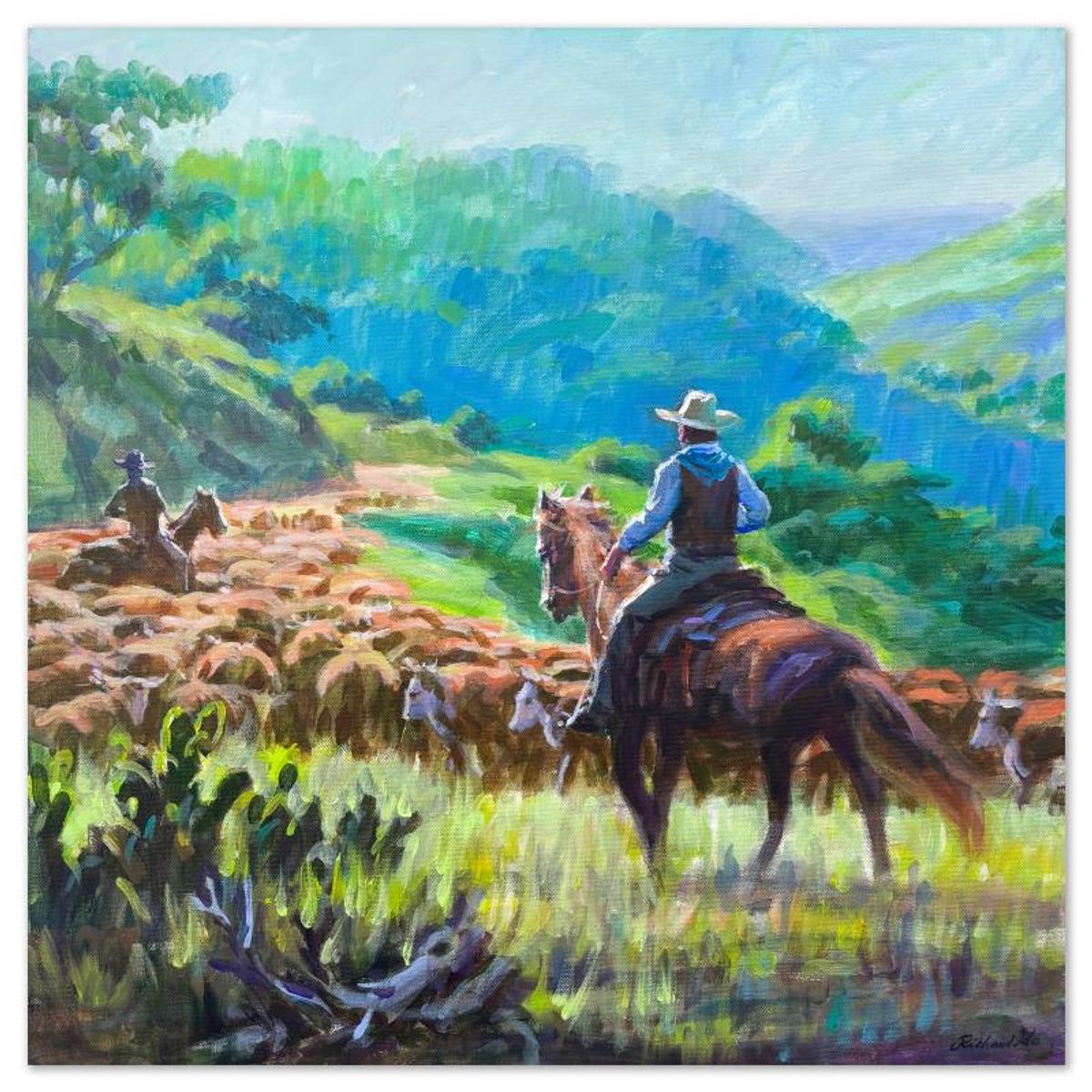 Richard Ho, "Head 'em Up" Original Acrylic Painting on Canvas, Hand Signed with Letter of Authenticity.