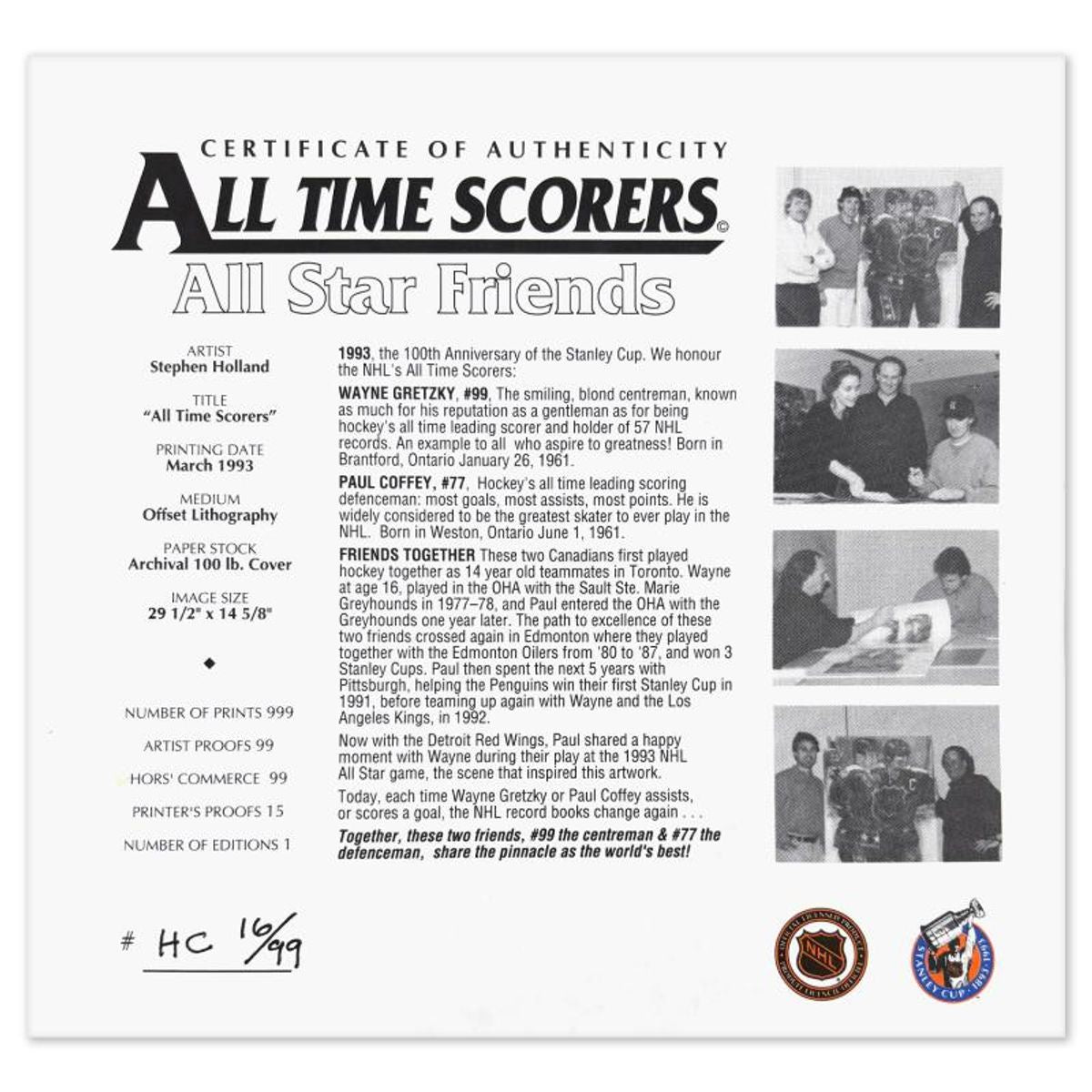 Stephen Holland, "All Time Scorers" Framed Limited Edition Offset Lithograph, HC Numbered 16/99 and Hand Signed by the Artist and Wayne Gretzky with Certificate of Authenticity.