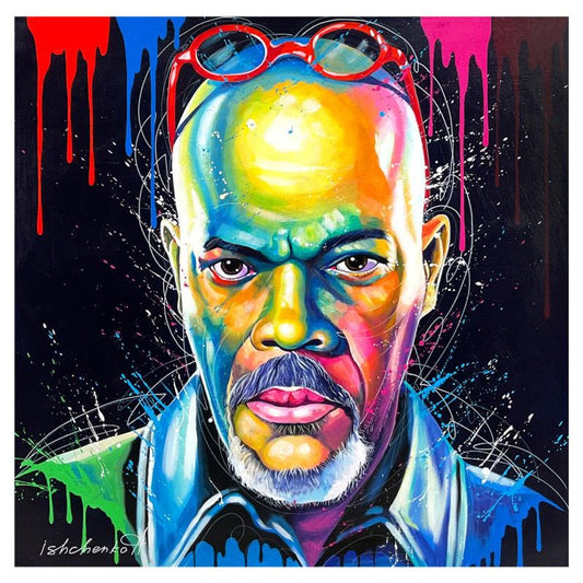 Alexander Ishchenko, "Samuel Jackson" Original Acrylic Painting on Canvas, Hand Signed with Letter Authenticity.