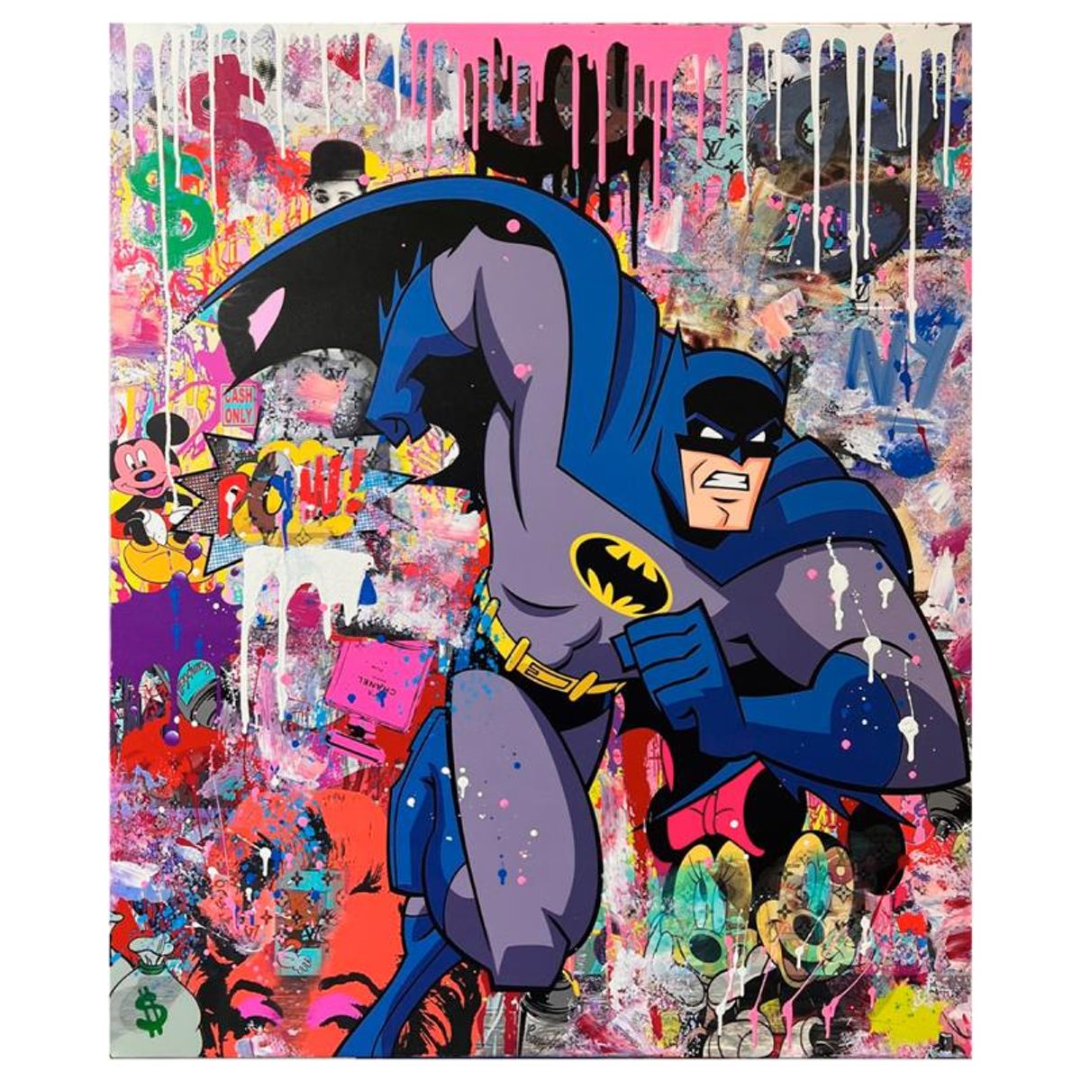 Jozza, "Batman on the Run" Unique Mixed Media on Canvas, Hand Signed with Letter of Authenticity.