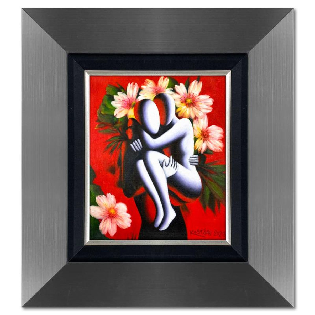 Mark Kostabi, "Between Mystic Blooms" Framed Original Oil Painting on Canvas, Hand Signed with Letter of Authenticity.