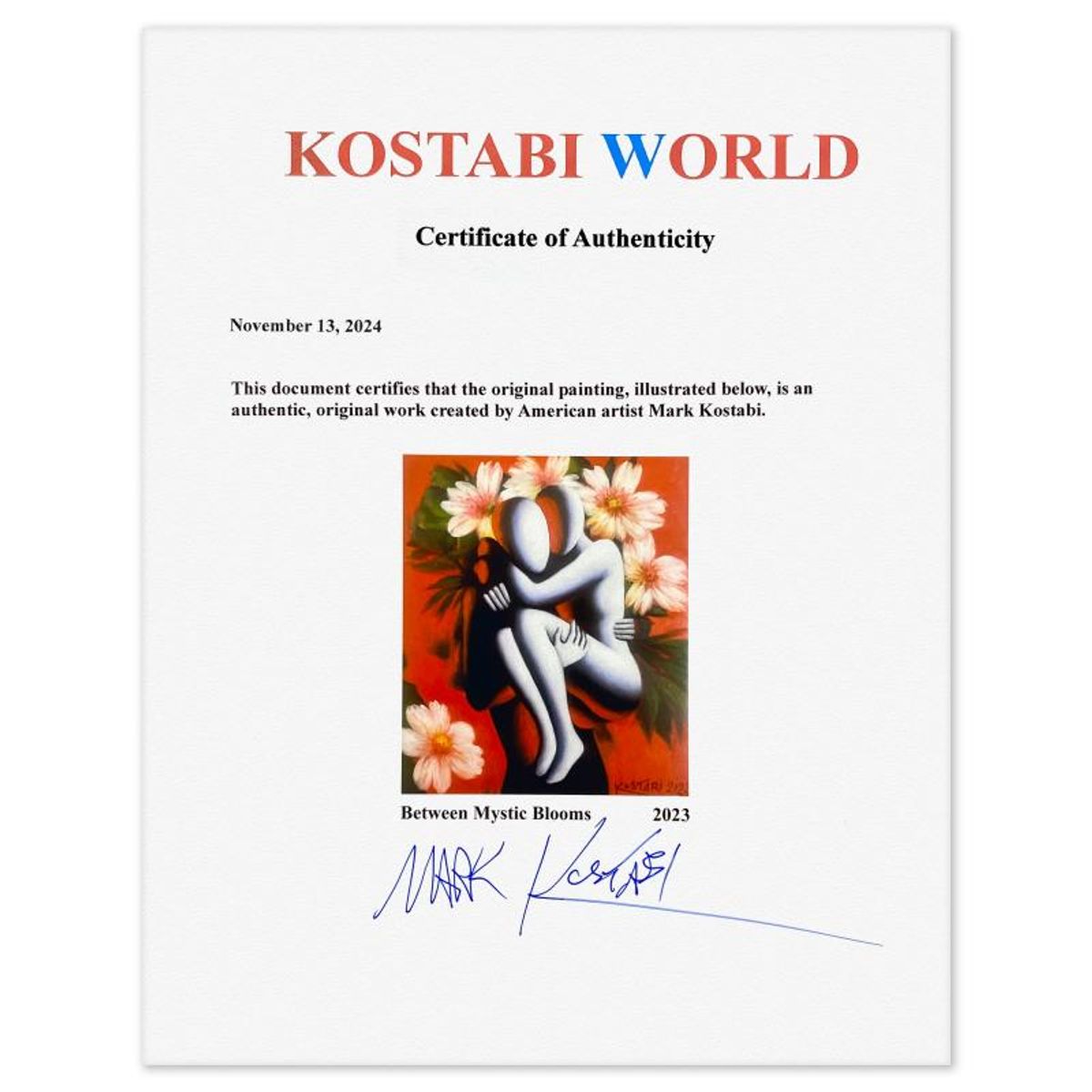 Mark Kostabi, "Between Mystic Blooms" Framed Original Oil Painting on Canvas, Hand Signed with Letter of Authenticity.