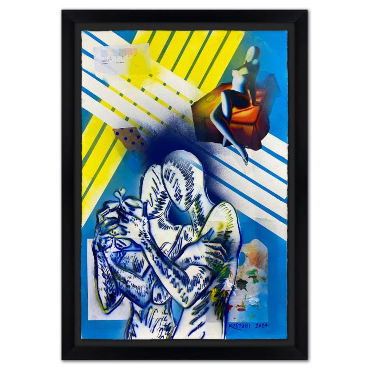 Mark Kostabi, "Remember When" Framed Original Mixed Media Painting, Hand Signed with Certificate of Authenticity.