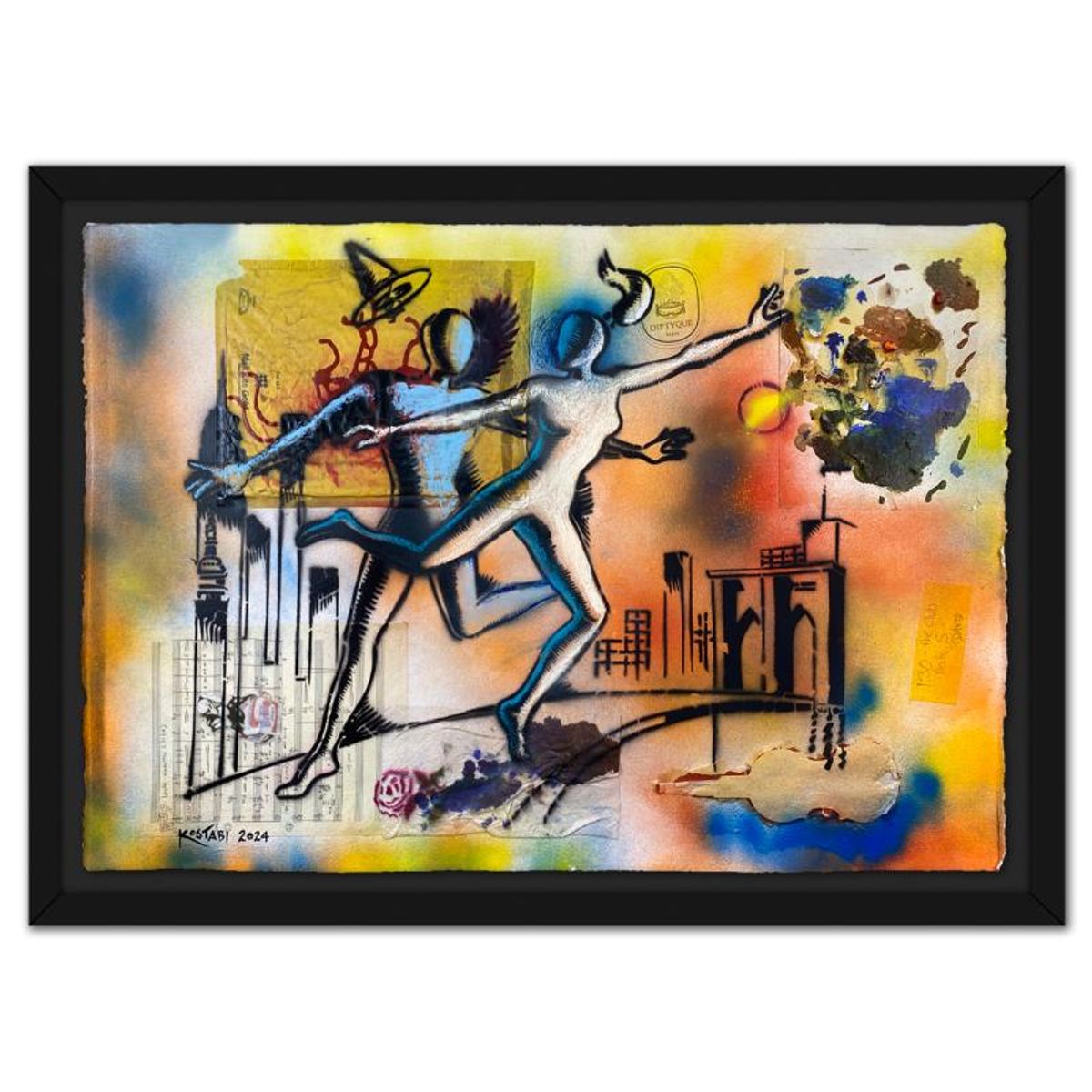 Mark Kostabi, "Majestic Aspiration" Framed Original Mixed Media Painting, Hand Signed with Certificate of Authenticity.