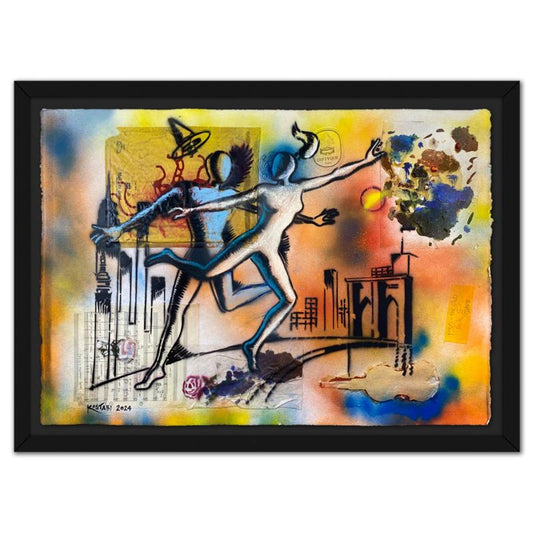 Mark Kostabi, "Majestic Aspiration" Framed Original Mixed Media Painting, Hand Signed with Certificate of Authenticity.