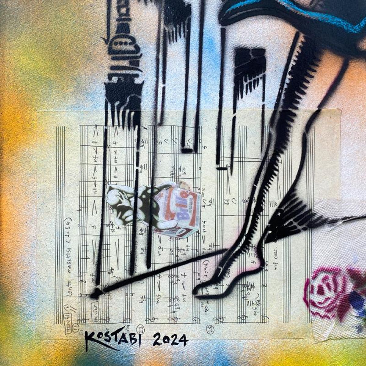 Mark Kostabi, "Majestic Aspiration" Framed Original Mixed Media Painting, Hand Signed with Certificate of Authenticity.