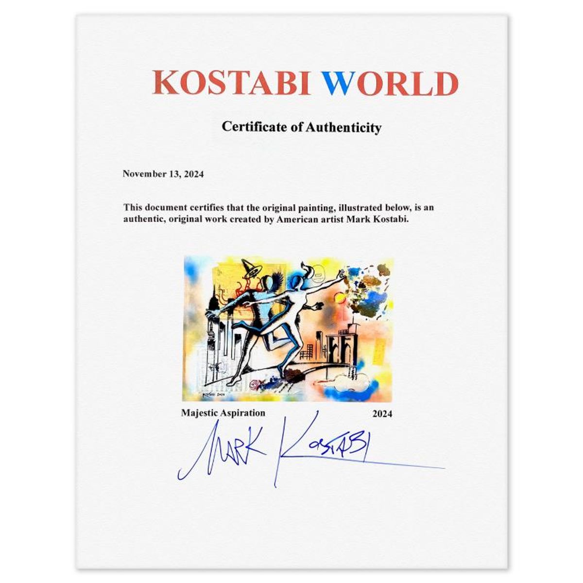 Mark Kostabi, "Majestic Aspiration" Framed Original Mixed Media Painting, Hand Signed with Certificate of Authenticity.
