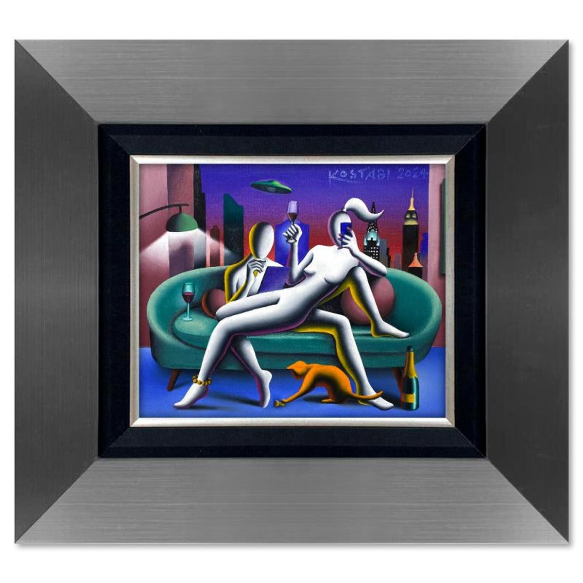 Mark Kostabi, "Cosmic Comfort" Framed Original Oil Painting on Canvas, Hand Signed with a Certificate of Authenticity.