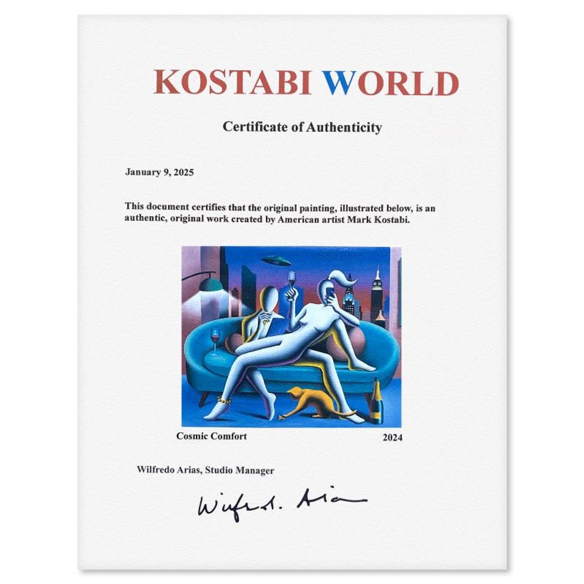 Mark Kostabi, "Cosmic Comfort" Framed Original Oil Painting on Canvas, Hand Signed with a Certificate of Authenticity.