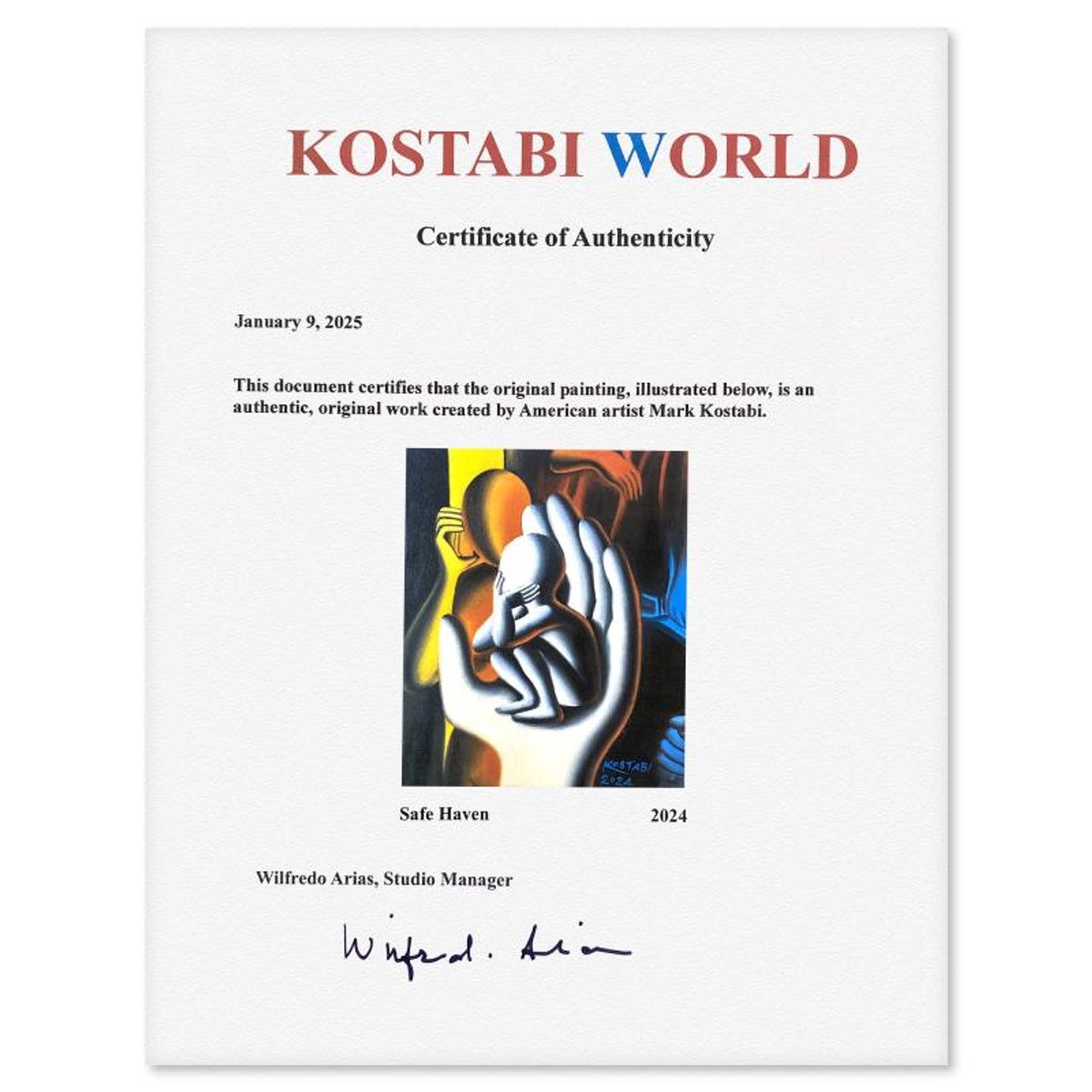 Mark Kostabi, "Safe Haven" Framed Original Oil Painting on Canvas, Hand Signed with a Certificate of Authenticity.