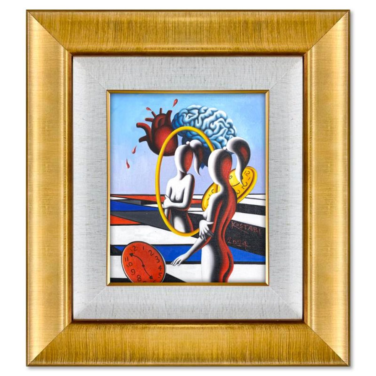 Mark Kostabi, "Time Has Its Ways" Framed Original Oil Painting on Canvas, Hand Signed with a Certificate of Authenticity.
