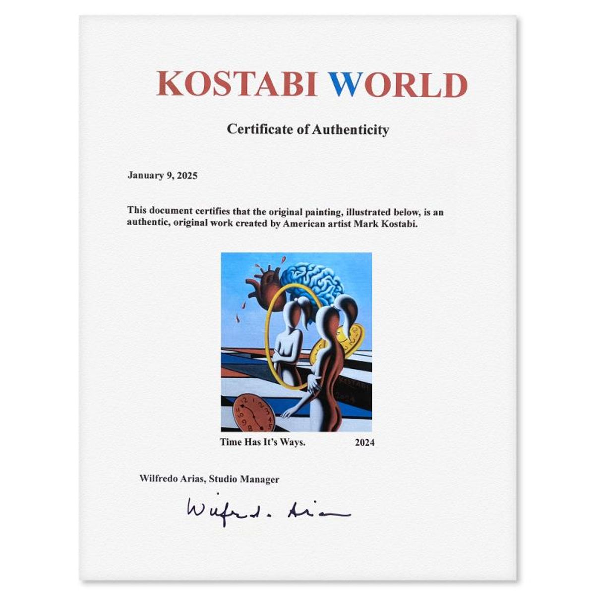 Mark Kostabi, "Time Has Its Ways" Framed Original Oil Painting on Canvas, Hand Signed with a Certificate of Authenticity.