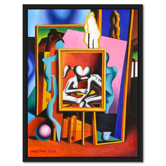 Mark Kostabi, "Our Eternal Secret" Framed Original Oil Painting on Canvas, Hand Signed with a Certificate of Authenticity.