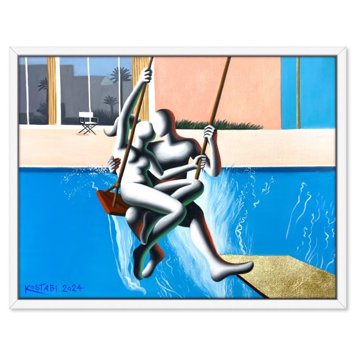 Mark Kostabi, "Joyful Heights" Framed Original Oil Painting on Canvas, Hand Signed with a Certificate of Authenticity.