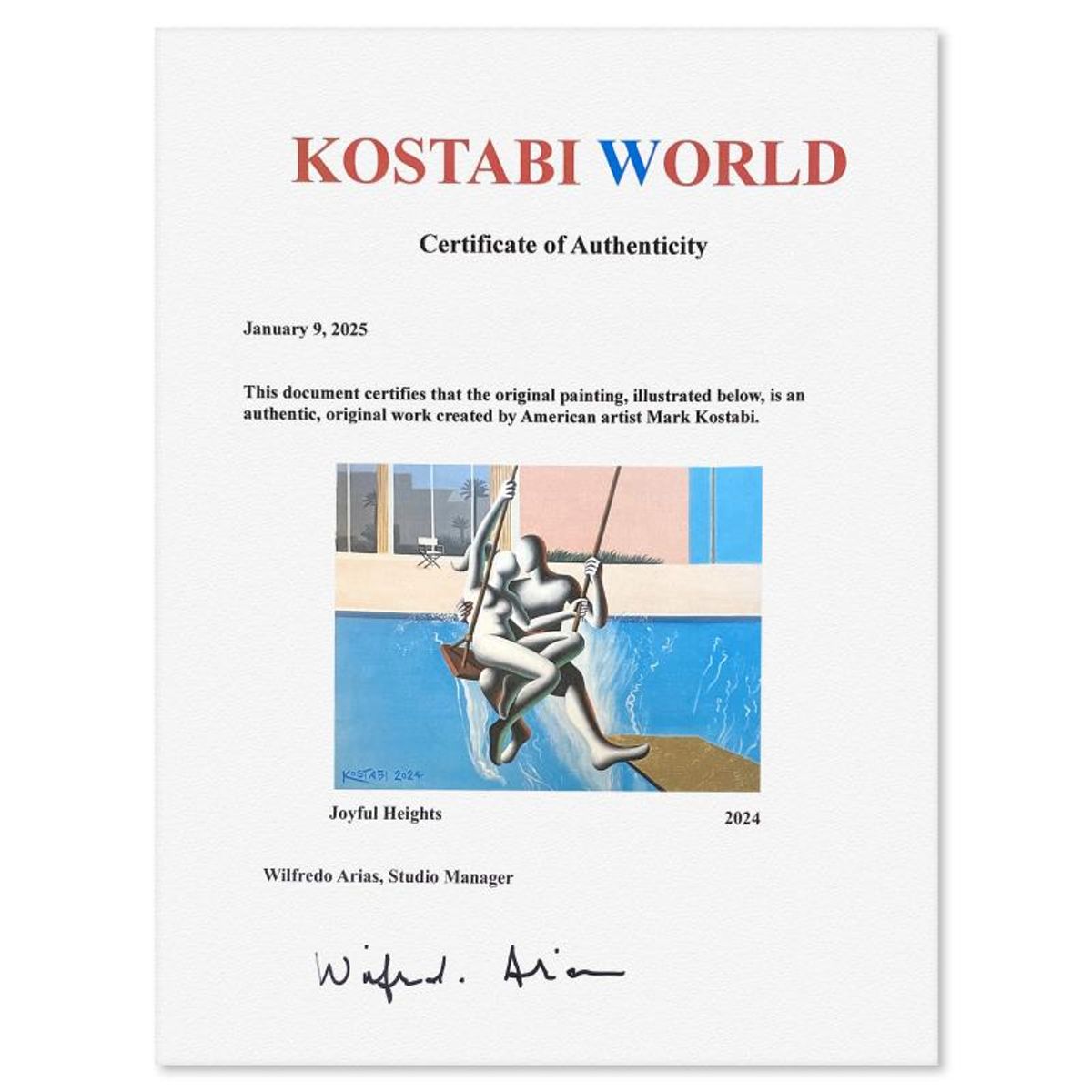 Mark Kostabi, "Joyful Heights" Framed Original Oil Painting on Canvas, Hand Signed with a Certificate of Authenticity.