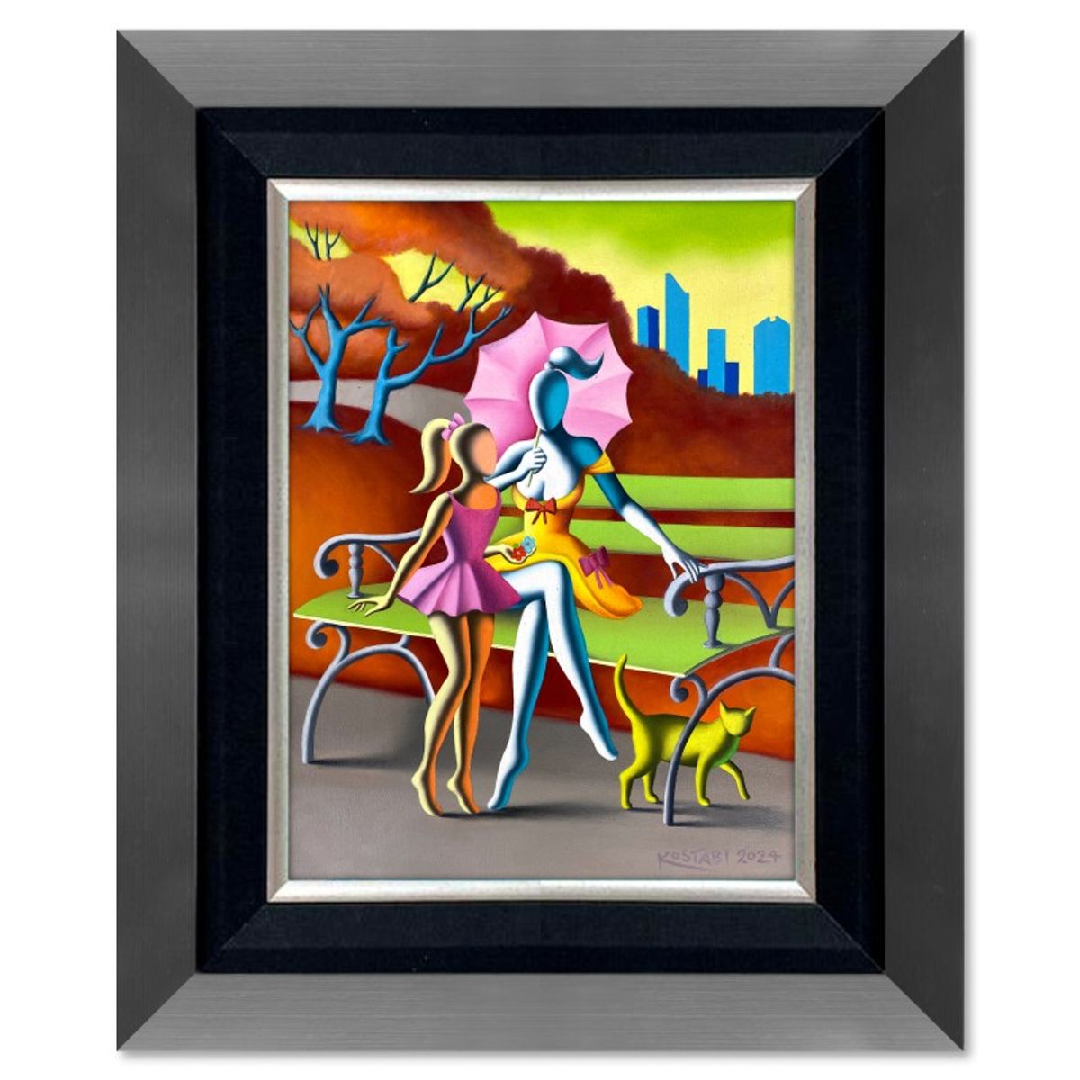 Mark Kostabi, "Autumn Bliss" Framed Original Oil Painting on Canvas, Hand Signed with COA