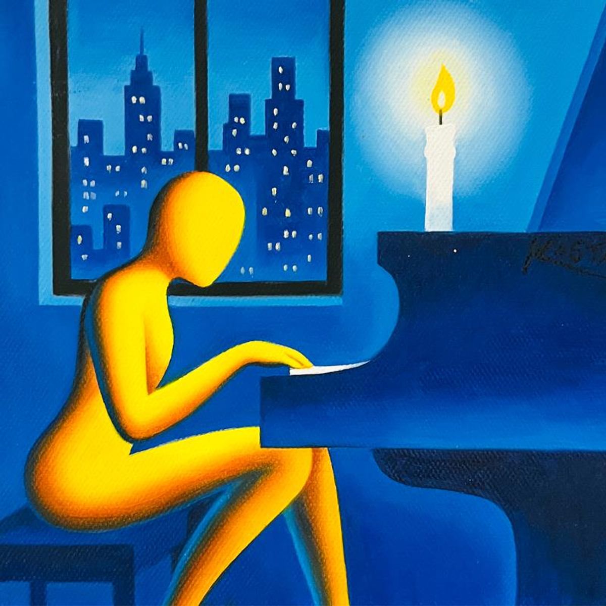 Mark Kostabi, "Shifting Midnight Melodies" Framed Original Oil Painting on Canvas, Hand Signed with a Certificate of Authenticity.