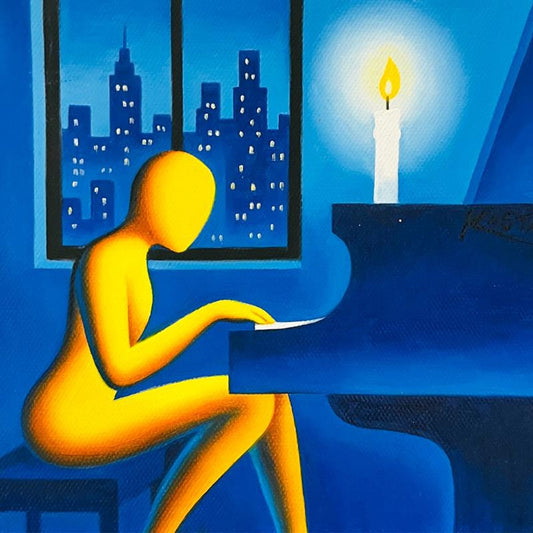 Mark Kostabi, "Shifting Midnight Melodies" Framed Original Oil Painting on Canvas, Hand Signed with a Certificate of Authenticity.