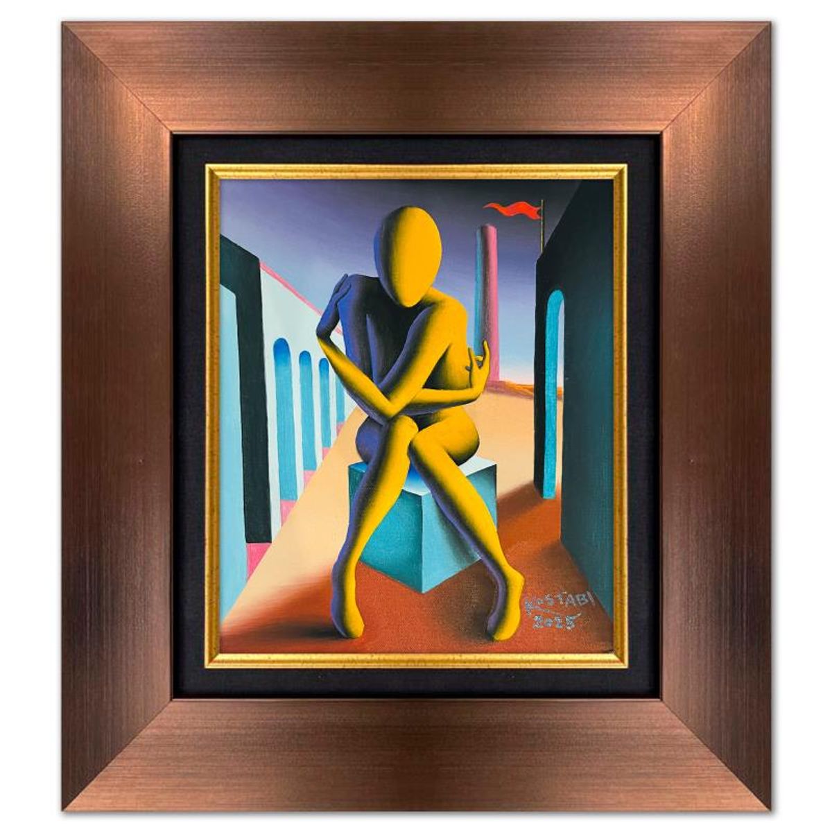 Mark Kostabi, "Mystique of the Self Discovery" Framed Original Oil Painting on Canvas, Hand Signed with a Certificate of Authenticity.