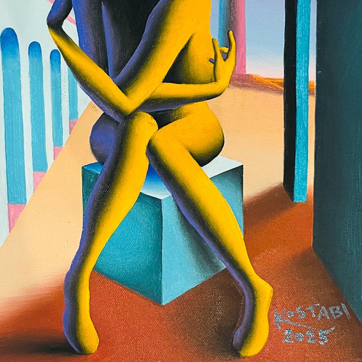 Mark Kostabi, "Mystique of the Self Discovery" Framed Original Oil Painting on Canvas, Hand Signed with a Certificate of Authenticity.