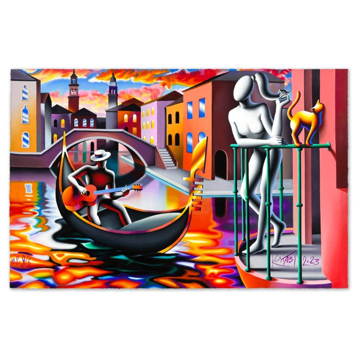 Mark Kostabi, "Twilight Serenade" Limited Edition, MP Numbered 9/15 and Hand Signed with Letter of Authenticity.