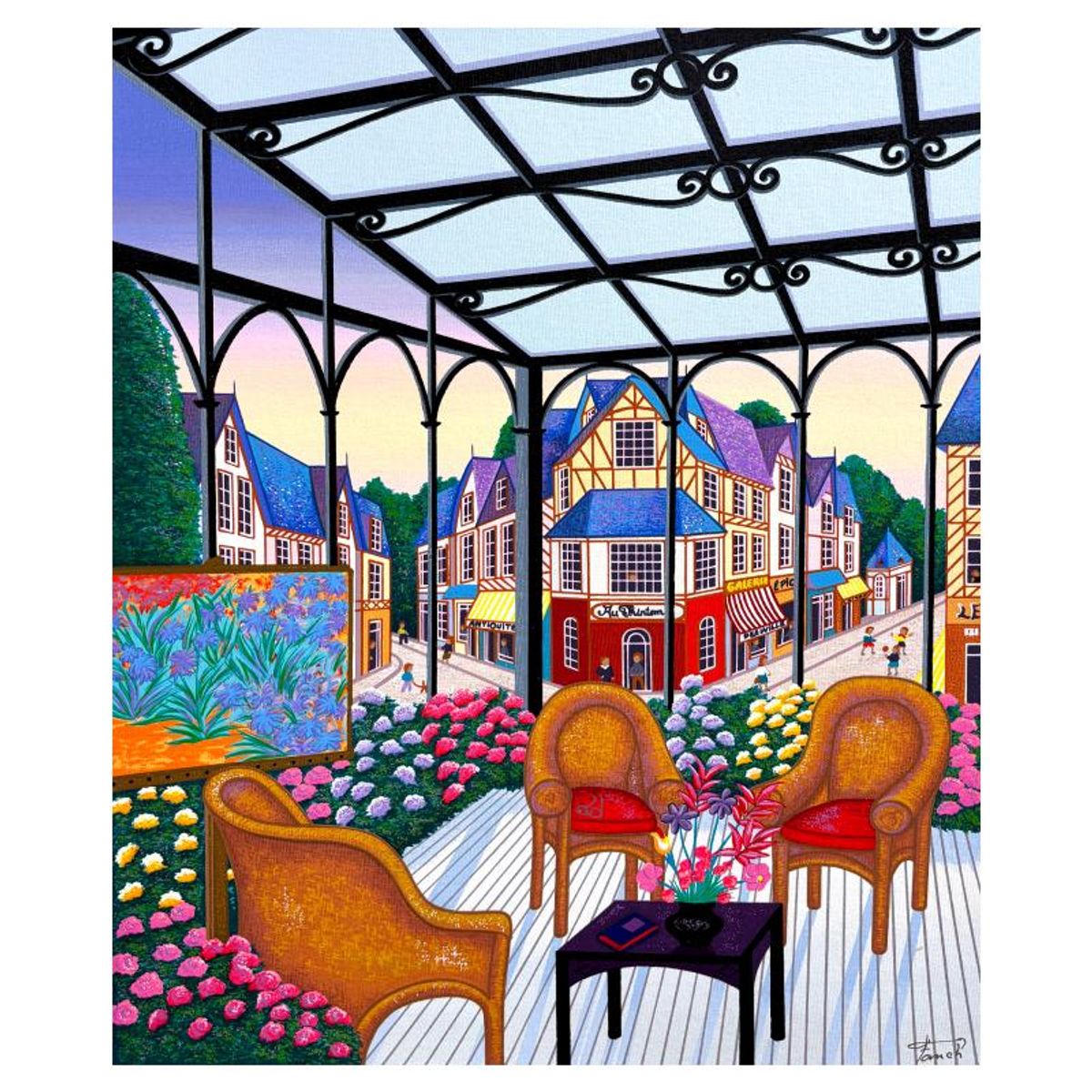 Fanch Ledan, "Loggia a Deauville" Limited Edition Serigraph on Canvas, AP Numbered and Hand Signed with Certificate of Authenticity.