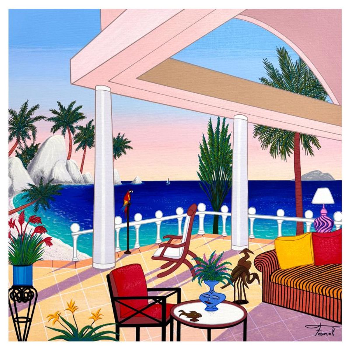 Fanch Ledan, "Ipanema Villa" Limited Edition Serigraph on Canvas, AP Numbered and Hand Signed with Certificate of Authenticity.