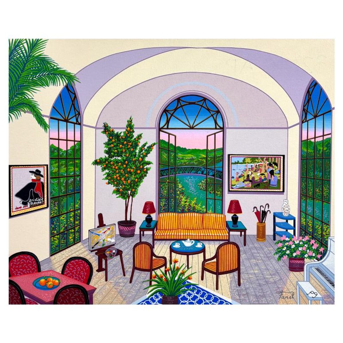 Fanch Ledan, "Interior with Seurat" Limited Edition Serigraph on Canvas, AP Numbered and Hand Signed with Certificate of Authenticity.