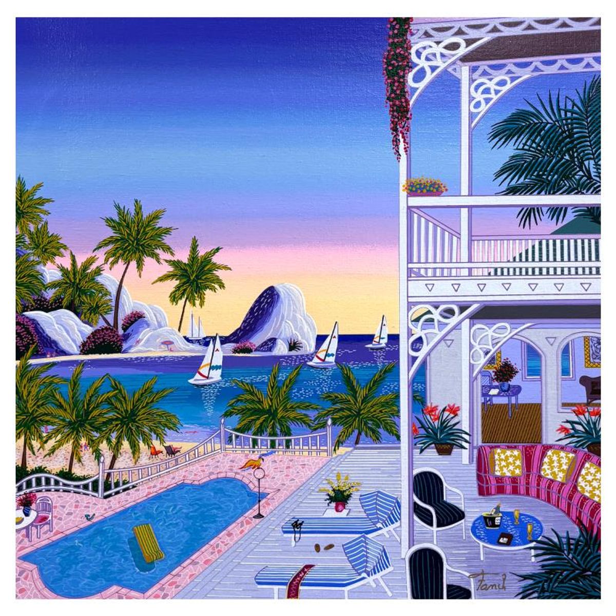 Fanch Ledan, "Seychelles Villa" Limited Edition Serigraph on Canvas, AP Numbered and Hand Signed with Certificate of Authenticity.