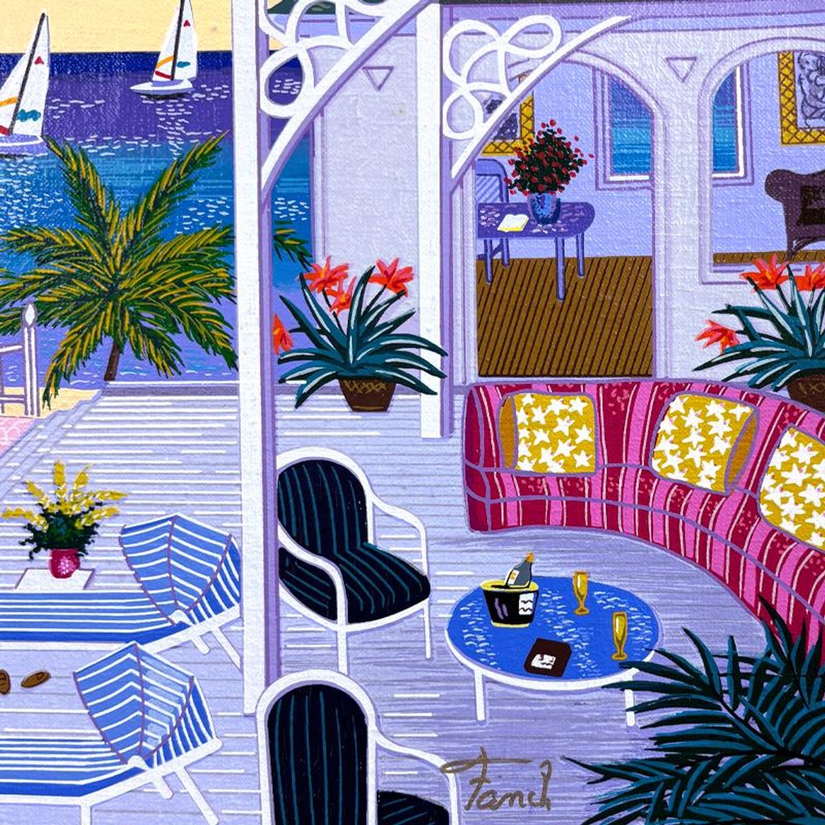 Fanch Ledan, "Seychelles Villa" Limited Edition Serigraph on Canvas, AP Numbered and Hand Signed with Certificate of Authenticity.