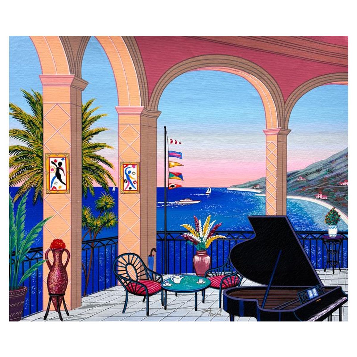 Fanch Ledan, "Terrace au Piano" Limited Edition Serigraph on Canvas, AP Numbered and Hand Signed with Certificate of Authenticity.