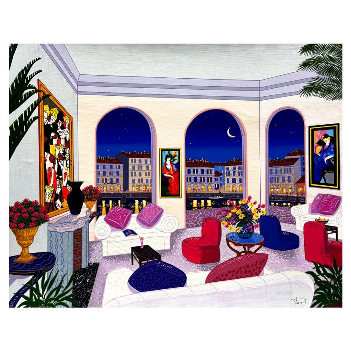 Fanch Ledan, "Magical Moonlit Night" Limited Edition Serigraph on Canvas, AP Numbered and Hand Signed with Certificate of Authenticity.