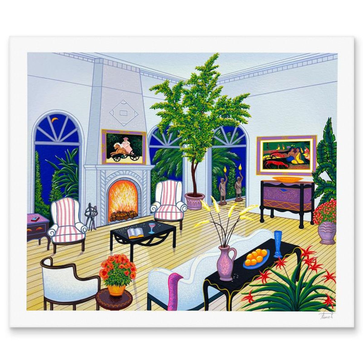 Fanch Ledan, "Interior with Monet and Gauguin" Limited Edition Serigraph, Numbered and Hand Signed with Letter of Authenticity.