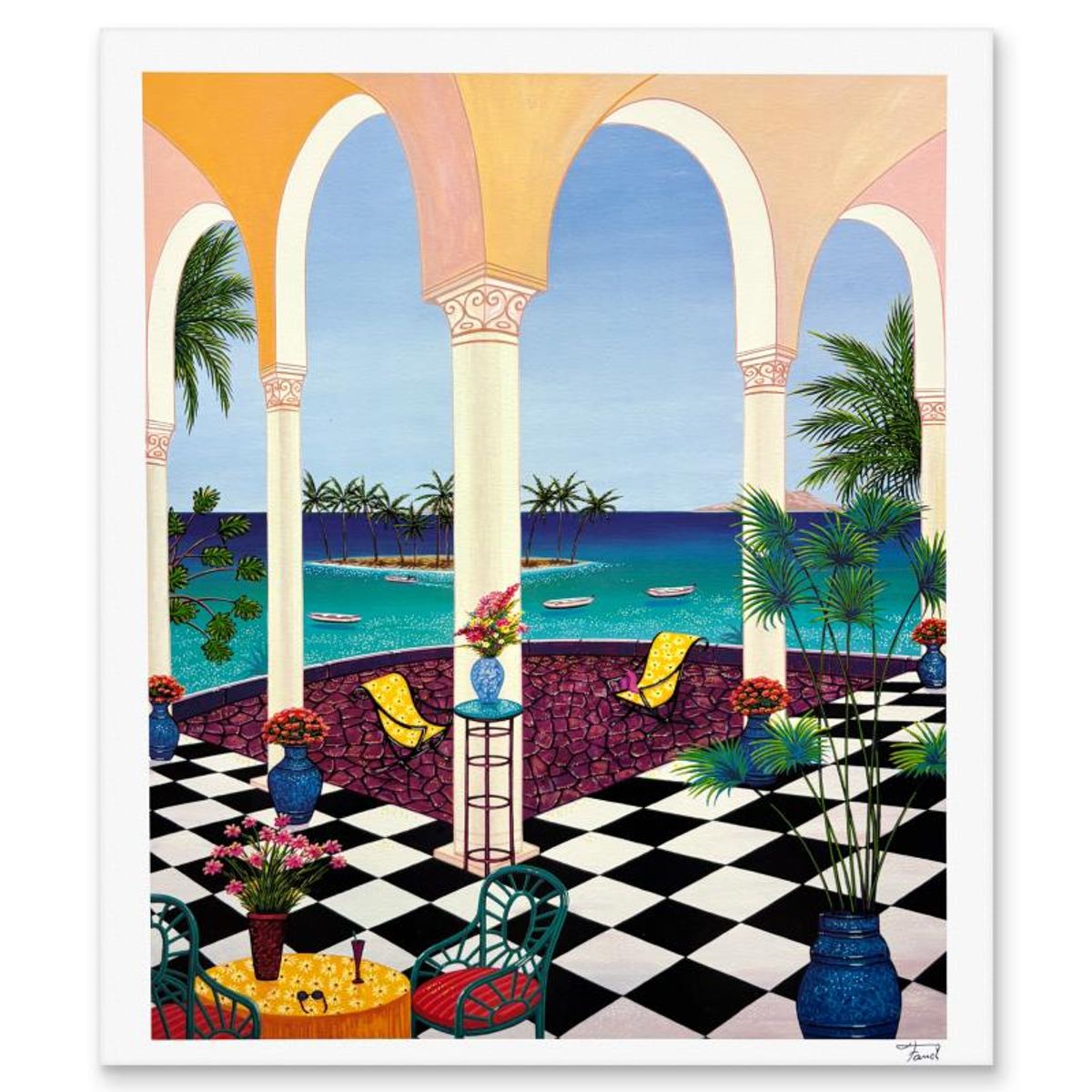 Fanch Ledan, "Patio on Tiny Island" Limited Edition Serigraph, AP Numbered and Hand Signed with Letter of Authenticity.
