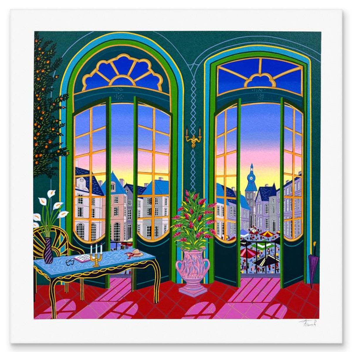 Fanch Ledan, "Village vu de Chateau" Limited Edition Serigraph, Numbered and Hand Signed with Letter of Authenticity.