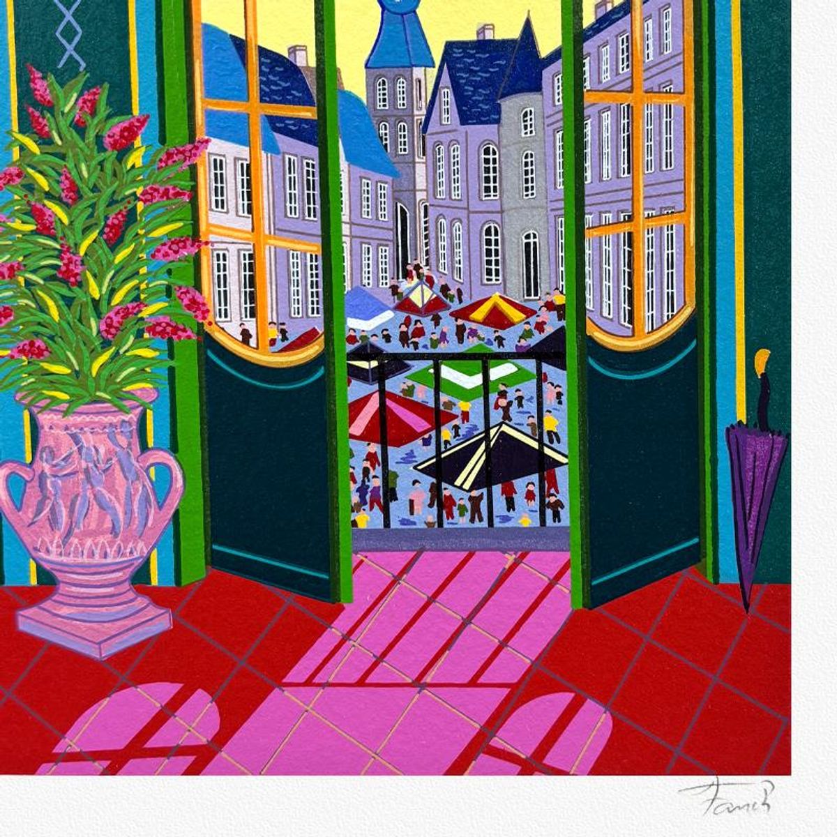 Fanch Ledan, "Village vu de Chateau" Limited Edition Serigraph, Numbered and Hand Signed with Letter of Authenticity.