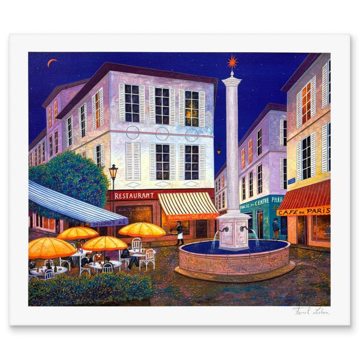 Fanch Ledan, "Cafe de Paris" Limited Edition Serigraph, Numbered and Hand Signed with Letter of Authenticity.