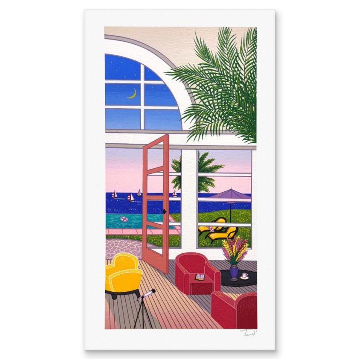Fanch Ledan, "Poolhouse in Palm Beach" Limited Edition Serigraph, EA Numbered and Hand Signed with Letter of Authenticity.