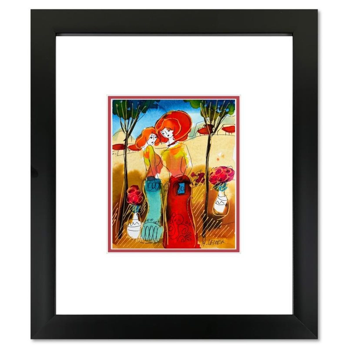 Moshe Leider, Framed Original Mixed Media Watercolor Painting, Hand Signed with Letter of Authenticity.