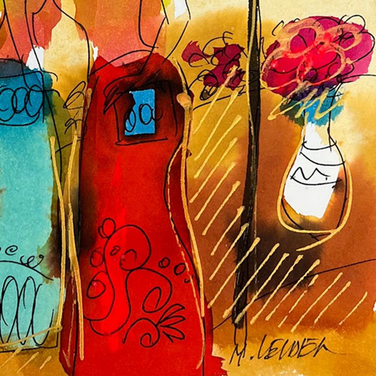 Moshe Leider, Framed Original Mixed Media Watercolor Painting, Hand Signed with Letter of Authenticity.