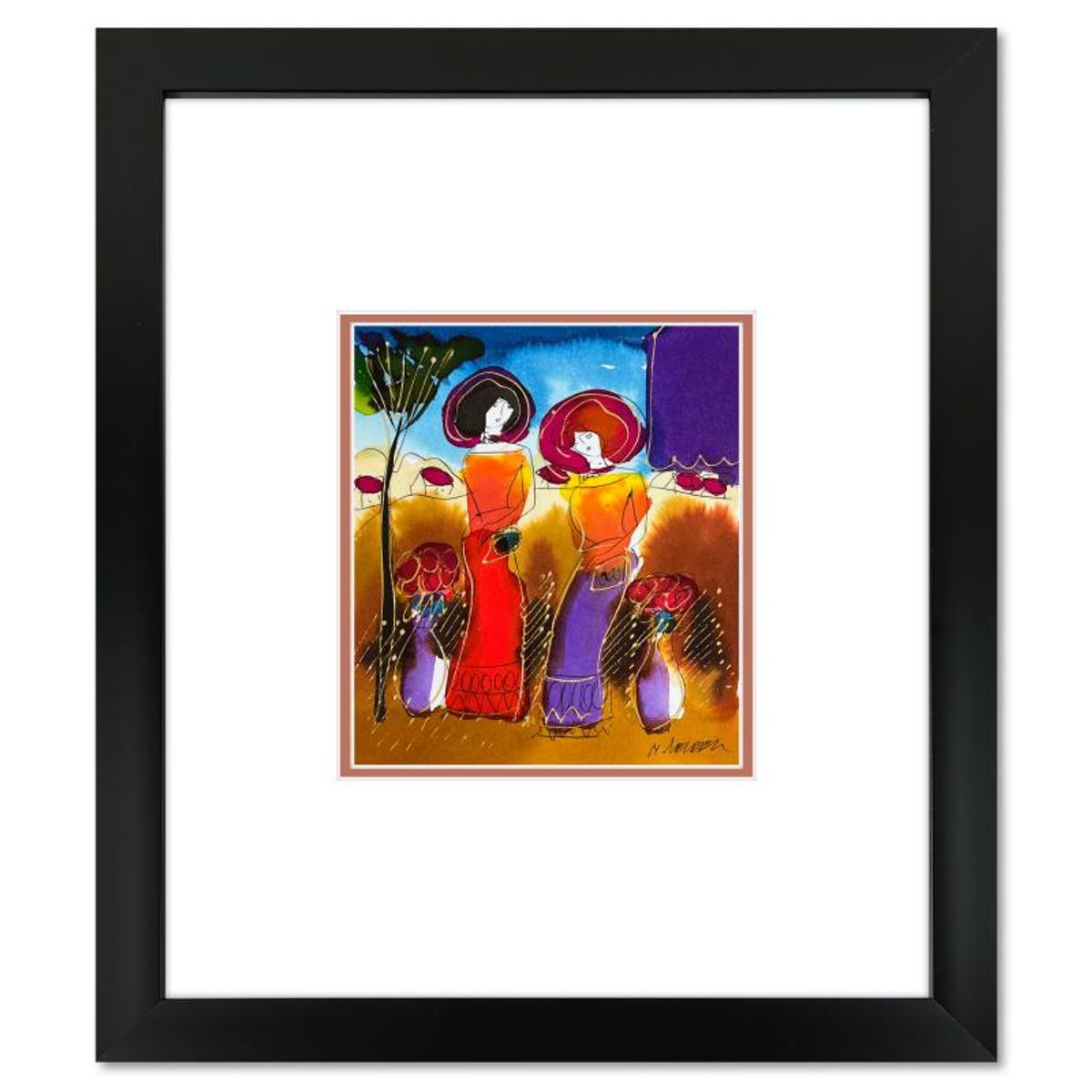 Moshe Leider, Framed Original Mixed Media Watercolor Painting, Hand Signed with Letter of Authenticity.