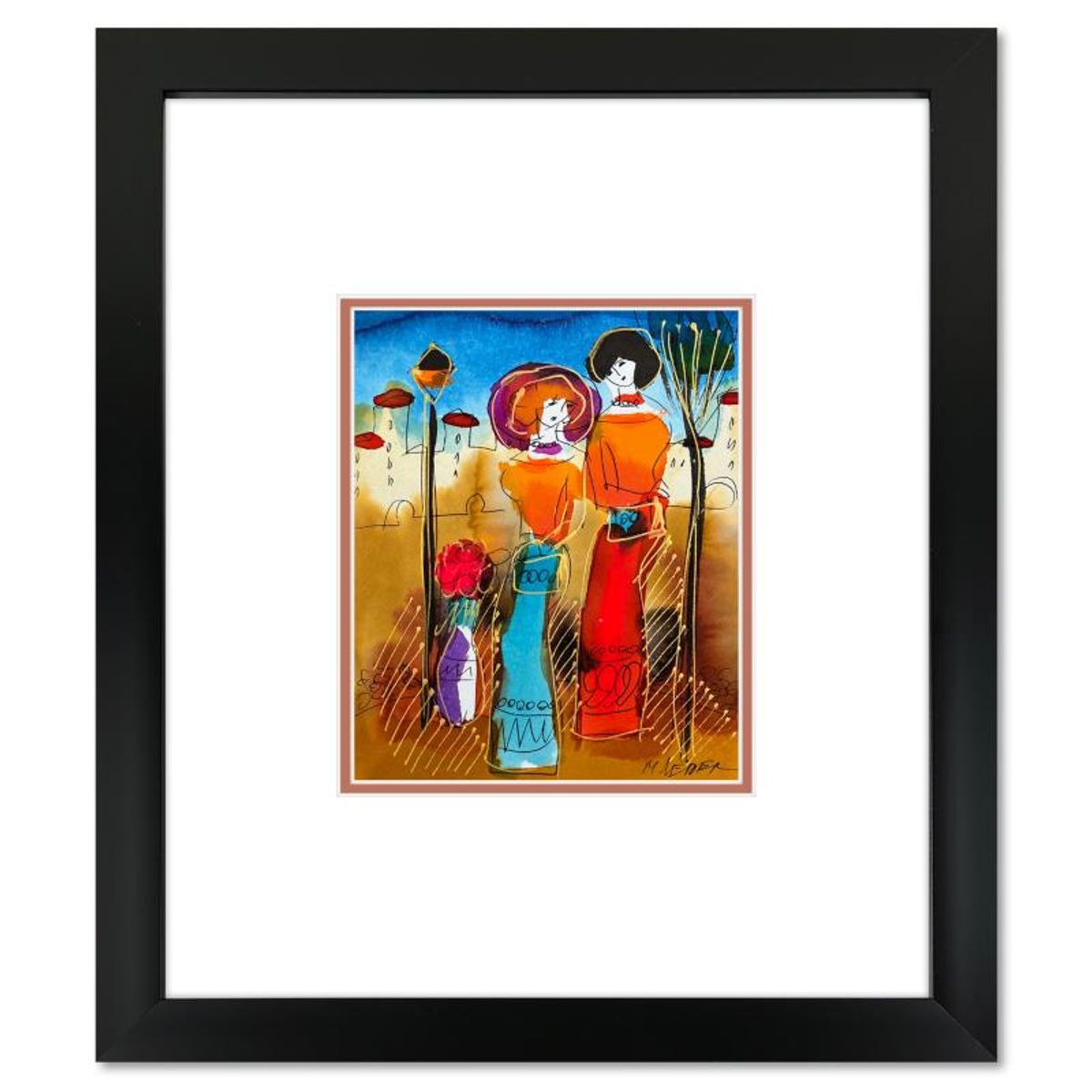 Moshe Leider, Framed Original Mixed Media Watercolor Painting, Hand Signed with Letter of Authenticity.